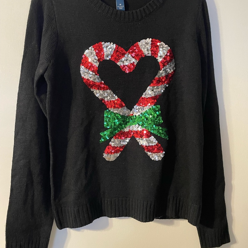 Karen Scott Black Sweater with Sequin Candy Cane and Green Bow